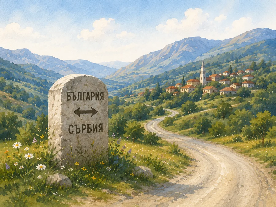 Планински граничен регион с път и граничен знак