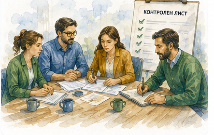 Екип провежда финална среща около общ контролен лист