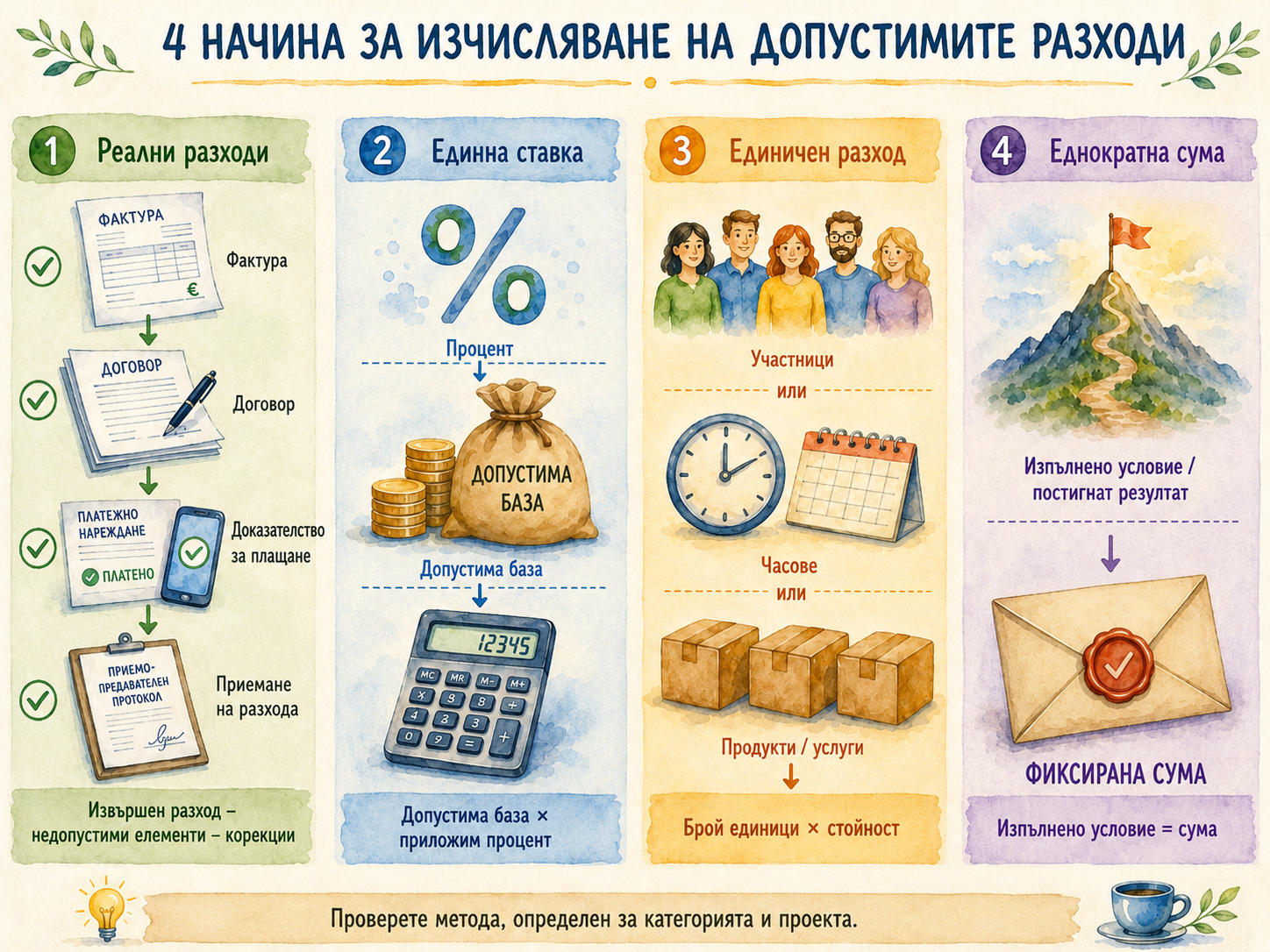 Акварелно сравнение на реални разходи, единна ставка, единичен разход и еднократна сума