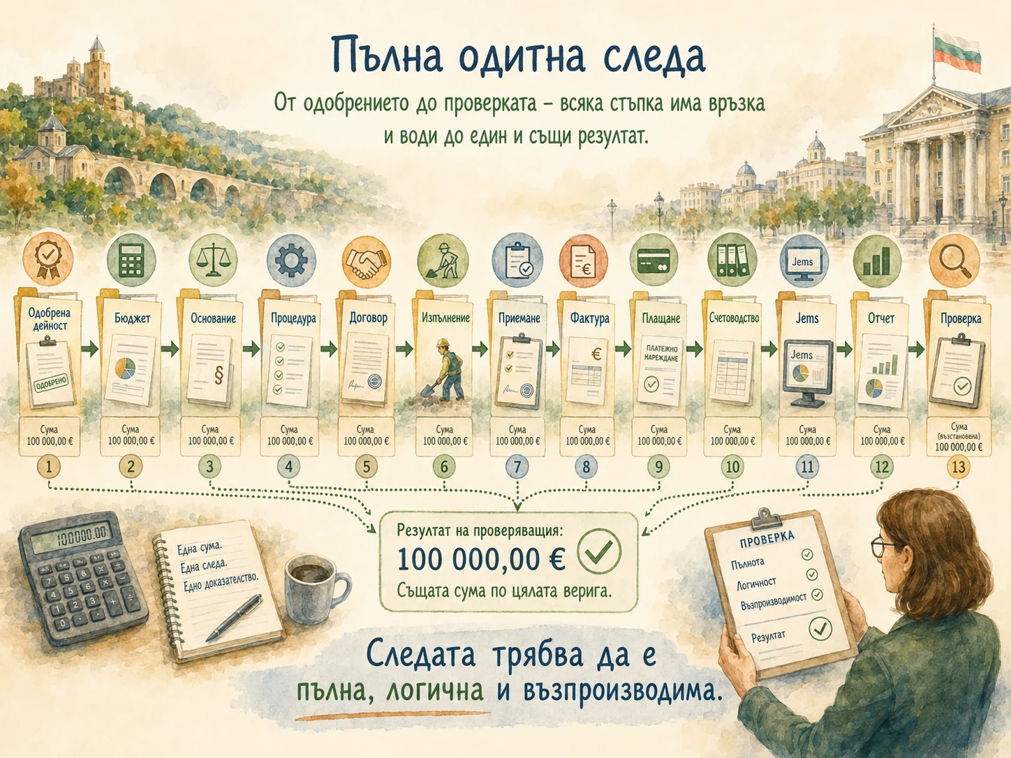 Пълна одитна следа от одобрената дейност и бюджета до плащането, счетоводството, Jems, отчета и проверката
