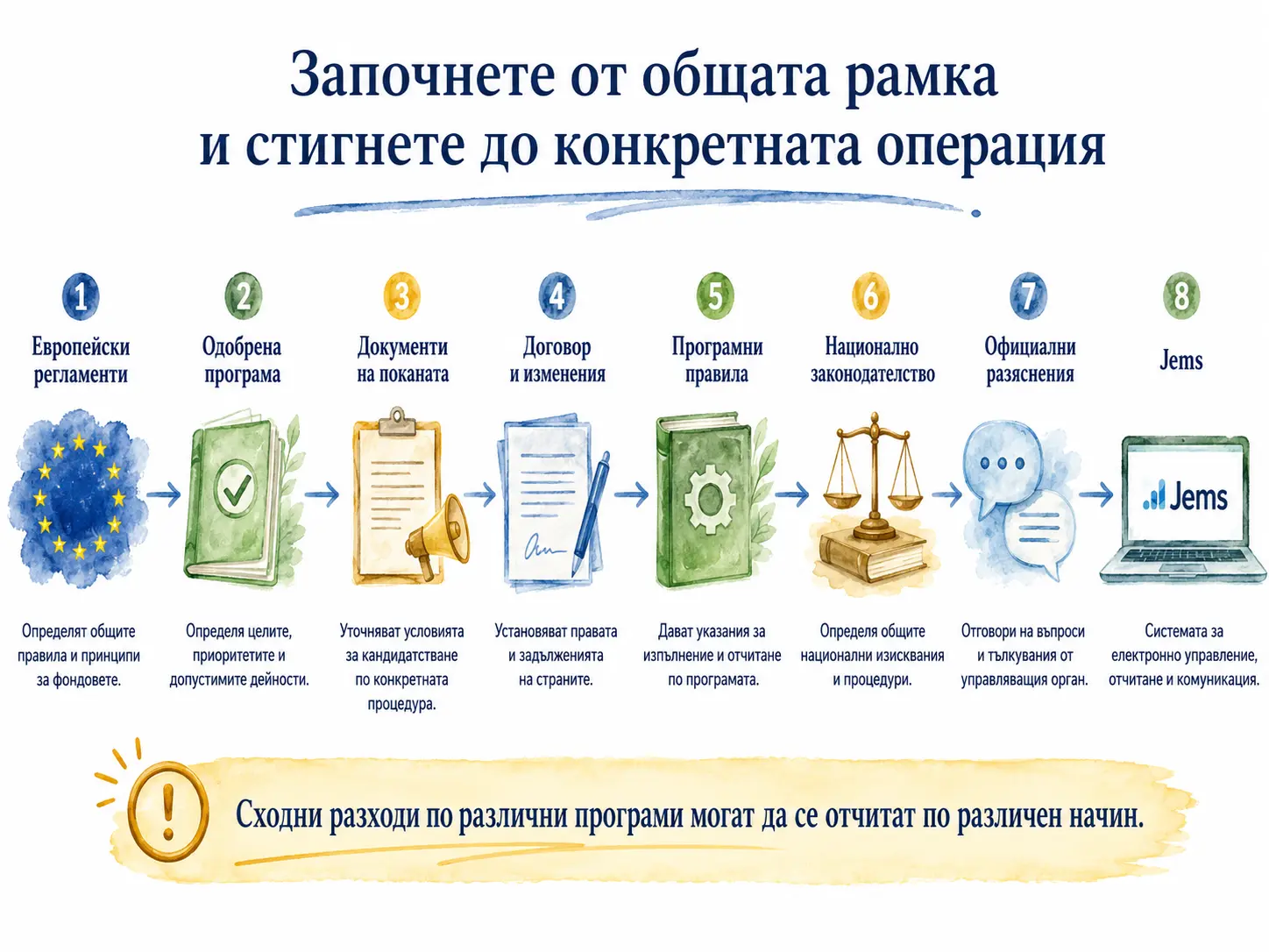 Работна последователност: европейски регламенти, програма, покана, договор, програмни правила, национално законодателство, официални разяснения и Jems