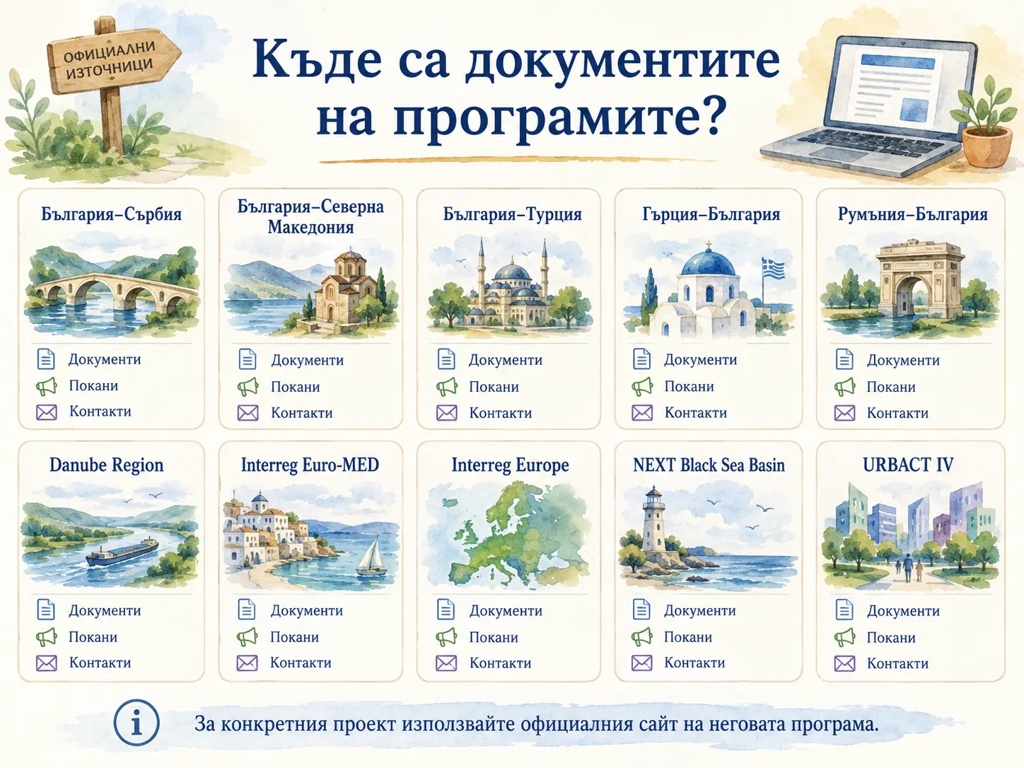 Карта с програмни направления и ориентир към официалните документи на програмите