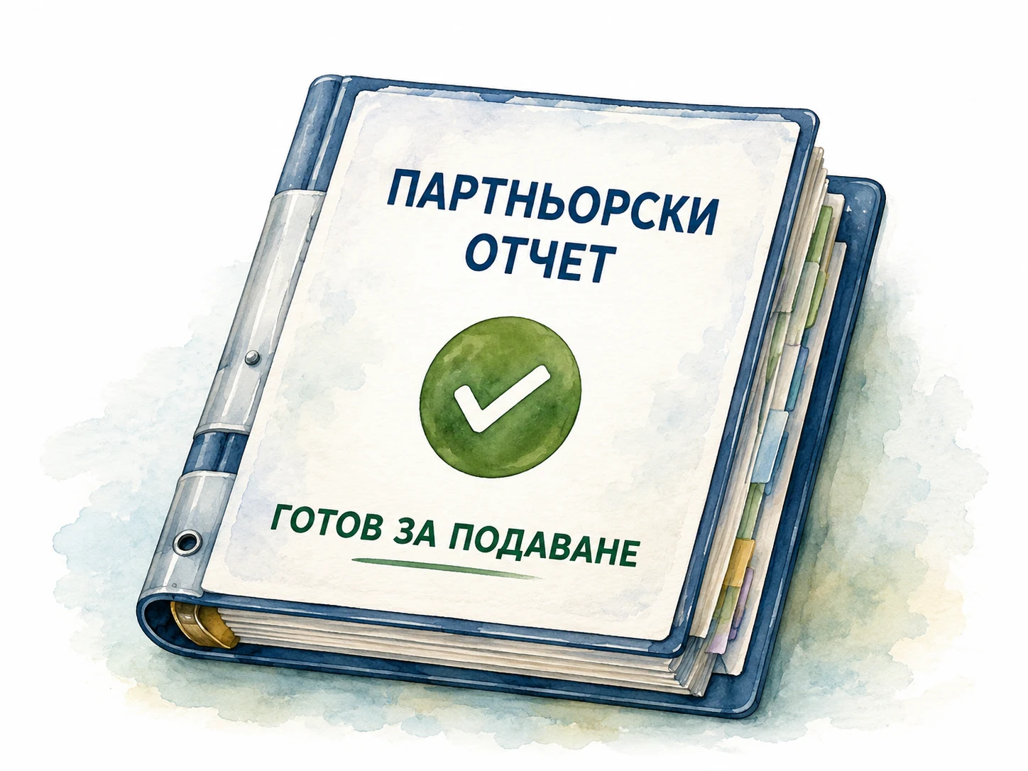 Папка Партньорски отчет с отметка и надпис Готов за подаване