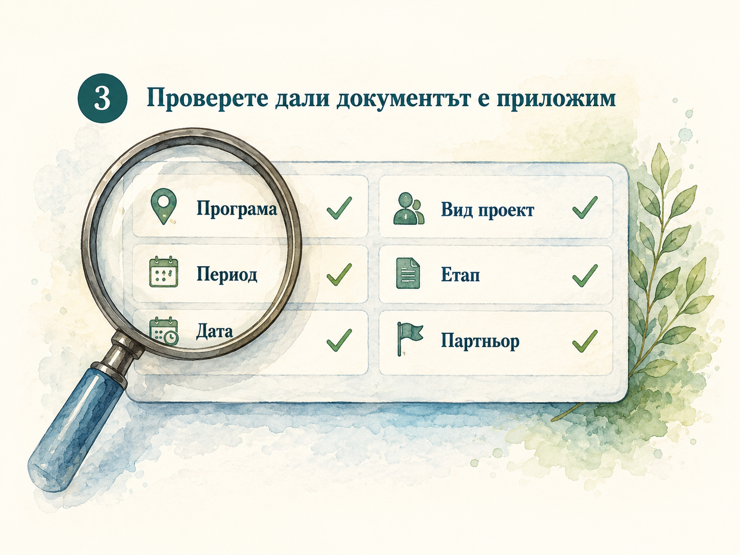 Самостоятелна акварелна проверка с лупа за програма, период, дата, етап и партньор