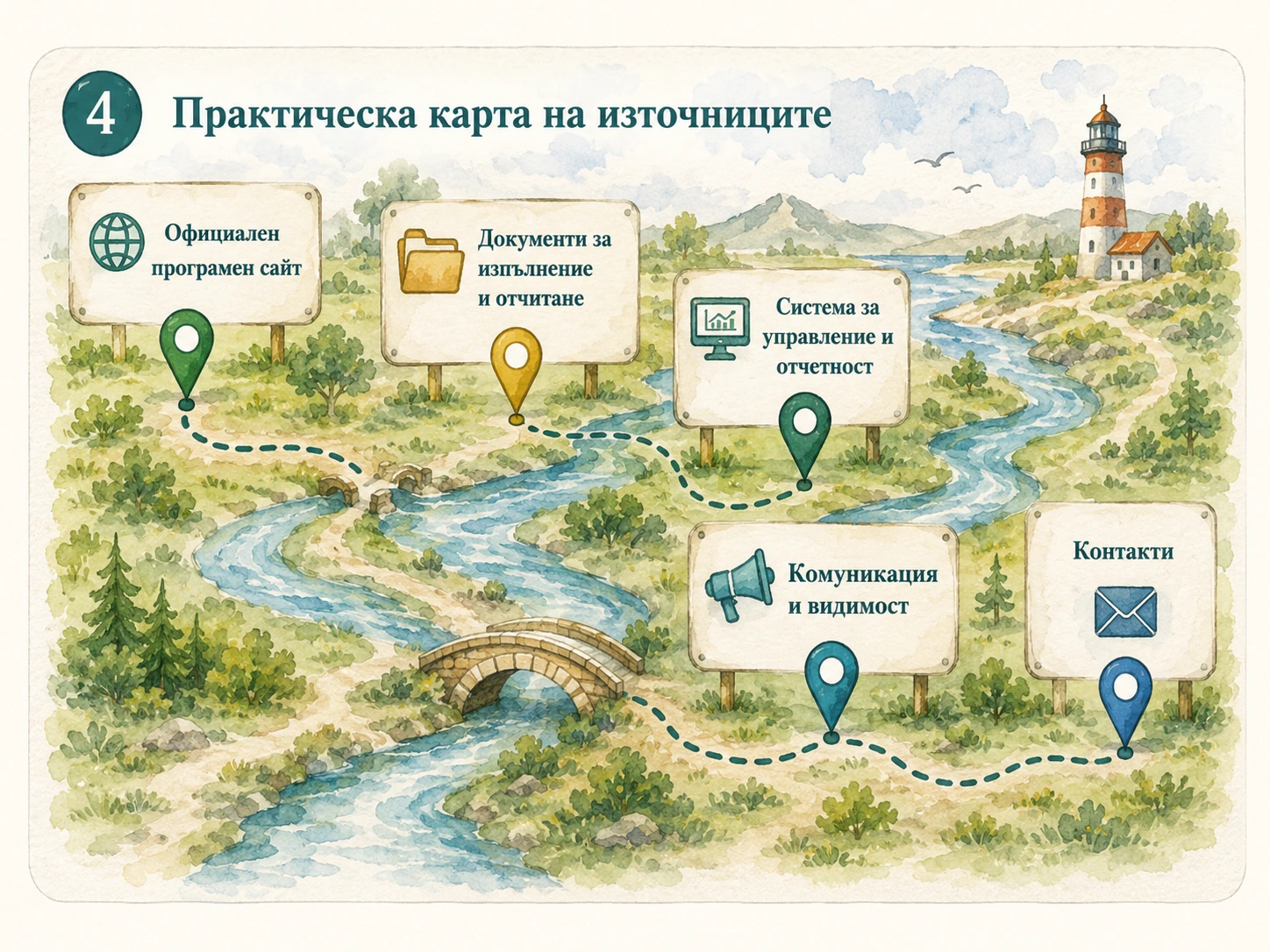 Самостоятелна акварелна карта на петте основни официални входа за всяка програма